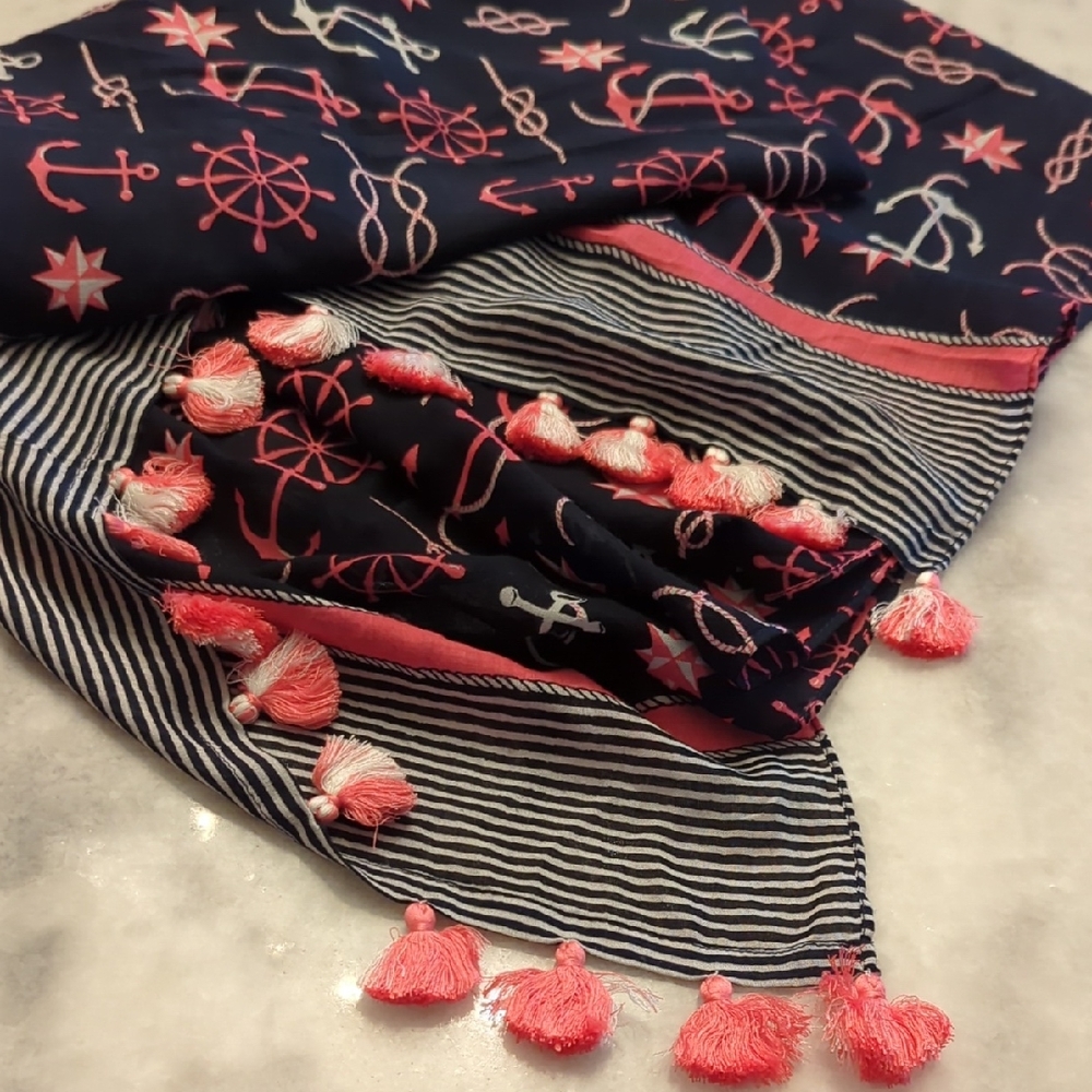 Talbots Nautical Shawl Wrap Blue Pink And White 28x72 ⛵ ⚓